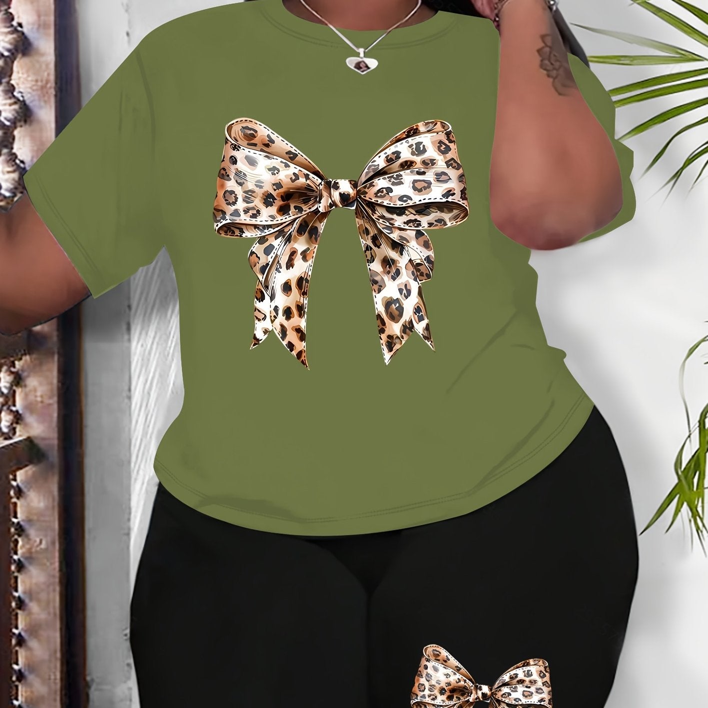 Plus Size Women's Leopard Print Bowknot Casual Sportswear Set