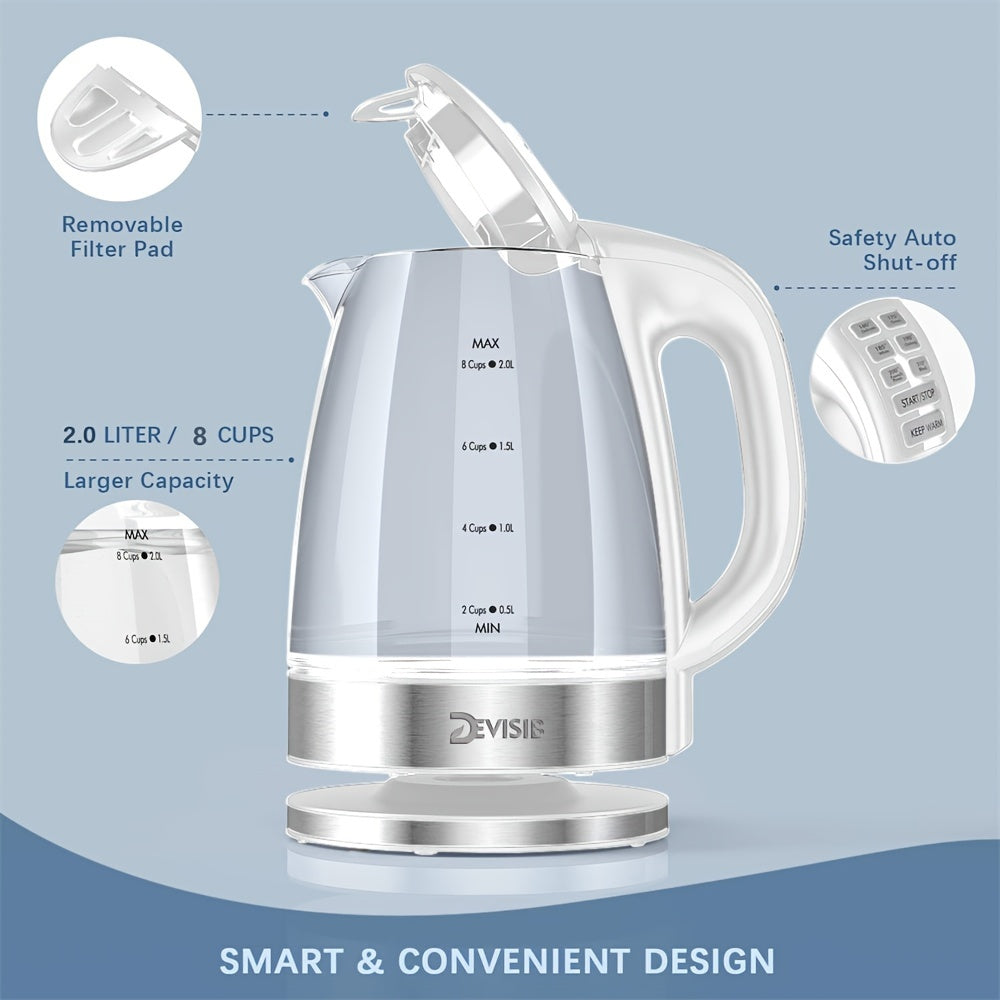 Electric Glass Kettle 2.0L 2200W Fast Boil Temperature Control Matte White
