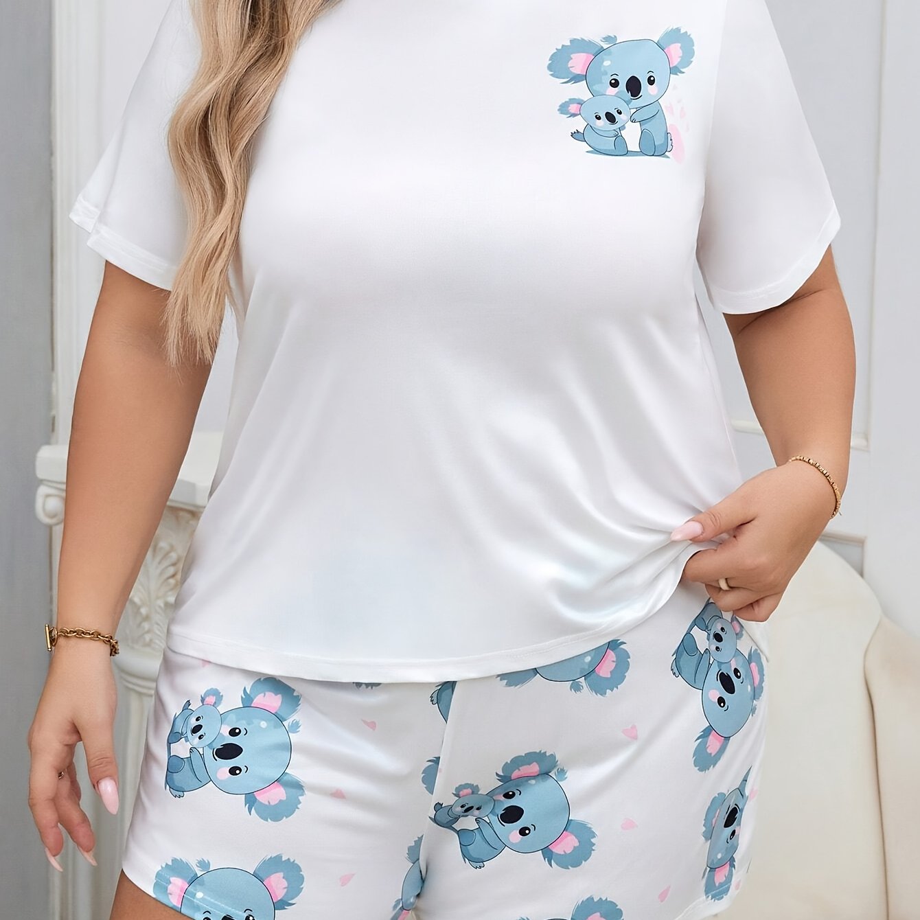 Plus Size Women's Cartoon Koala Print Lounge Sleepwear Set Short Sleeve Shorts