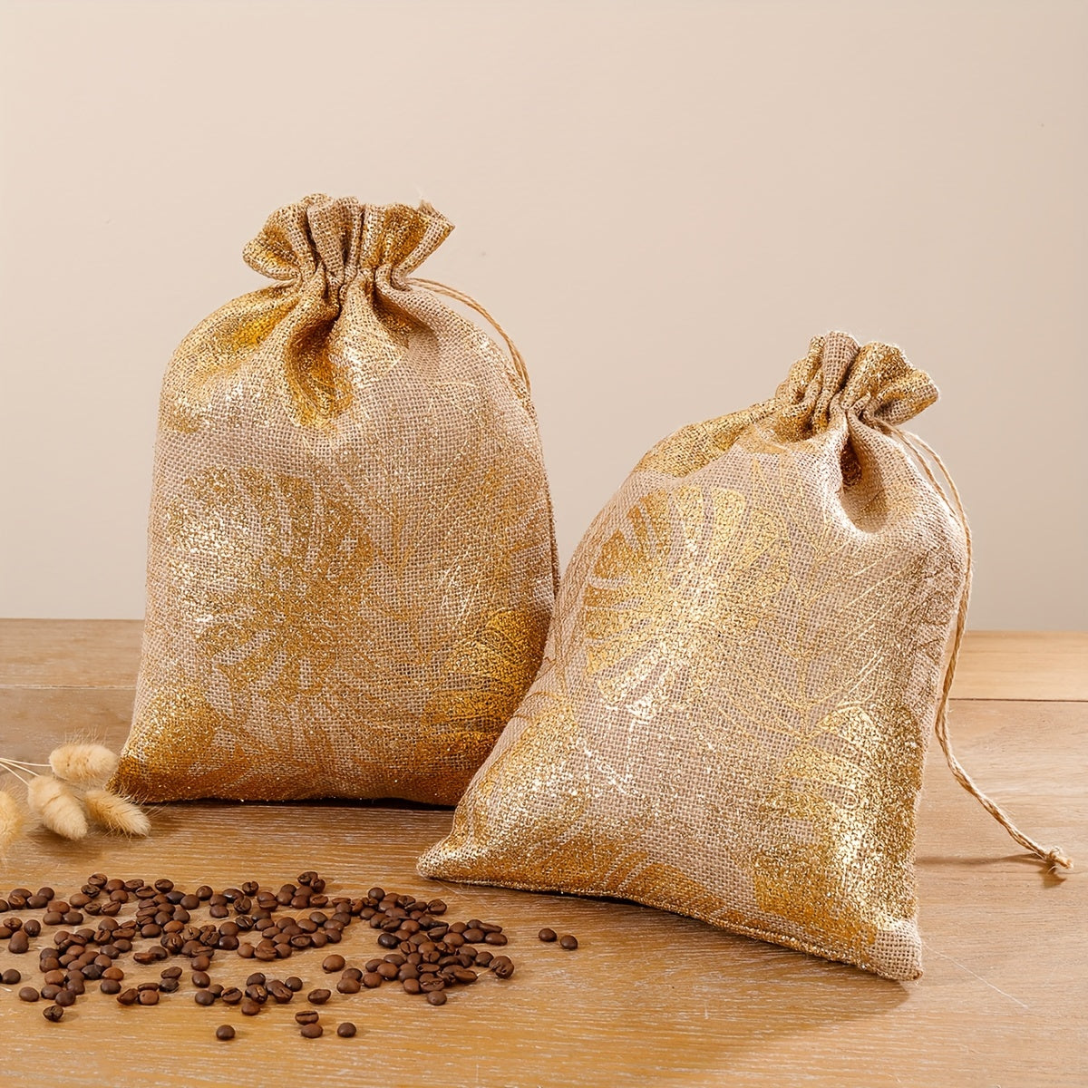 Juego de 2 bolsas de lino para granos de café, a prueba de humedad, con detalles en dorado