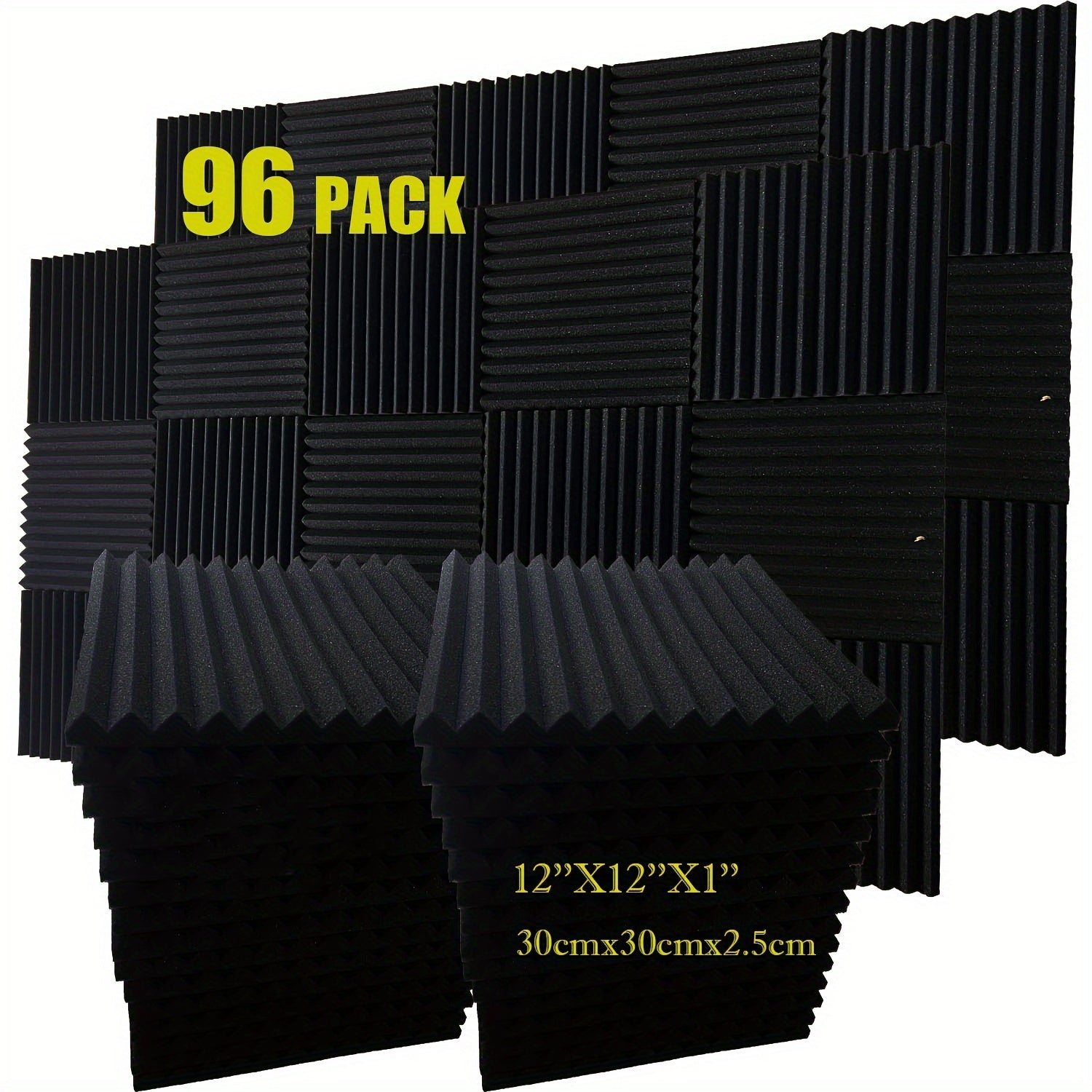 96 Pieces Black Acoustic Foam Wall Panels 30.48x30.48x6.35 cm Soundproof Wedge