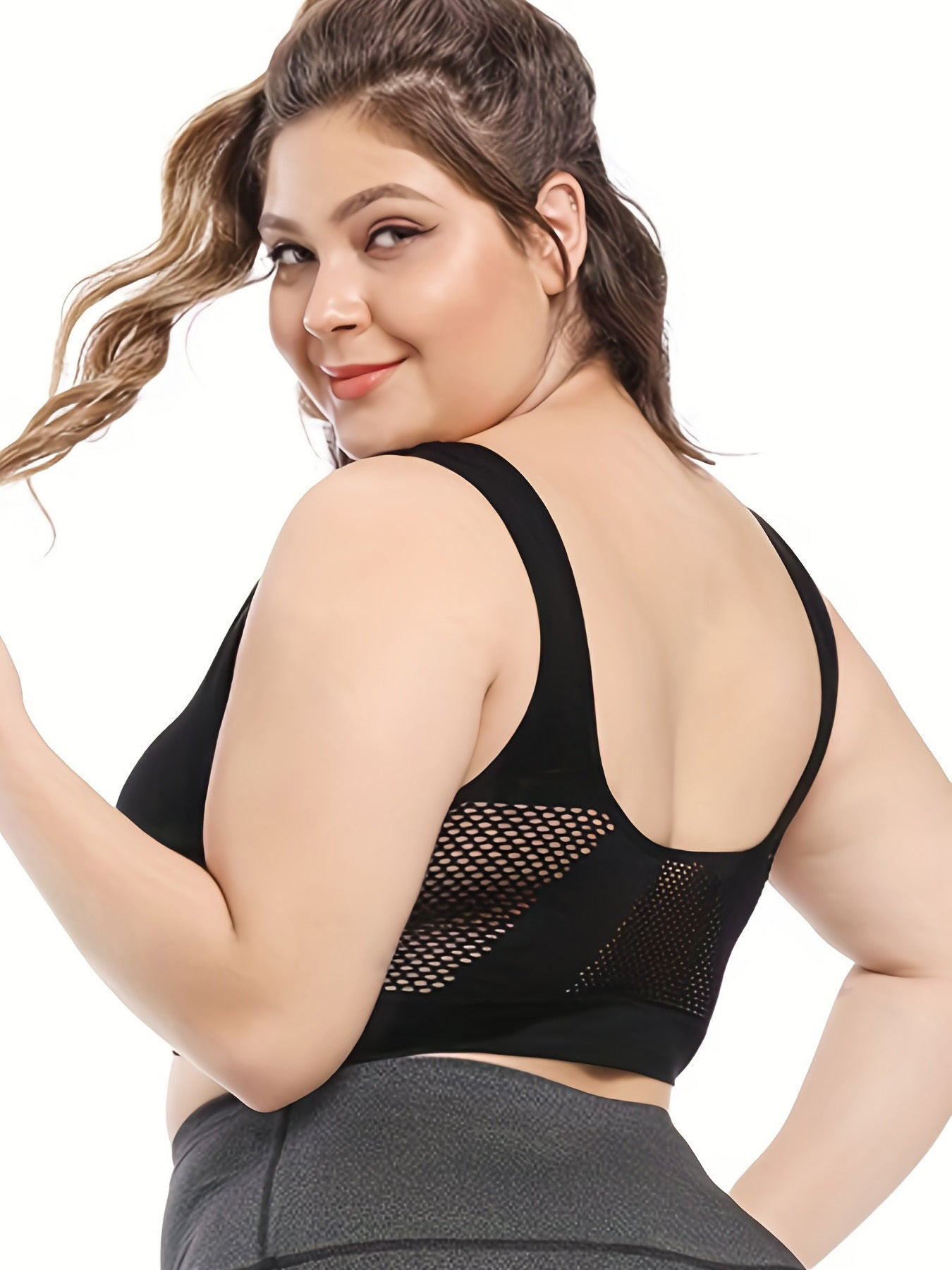 Plus Size Sports Bras Breathable Mesh No Underwire Padded Cups Black Beige