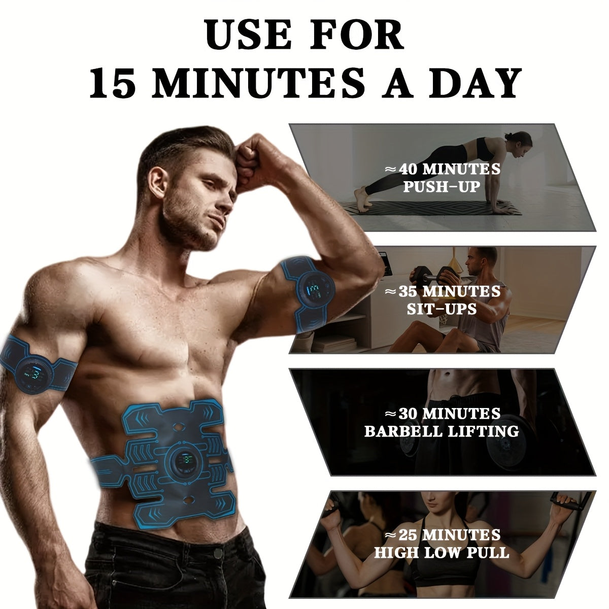 Пояс для спортивного массажа EMS, трехчастный комплект с TENS-стимулятором мышц, 6 режимов, 18 уровней интенсивности для живота, ног, рук