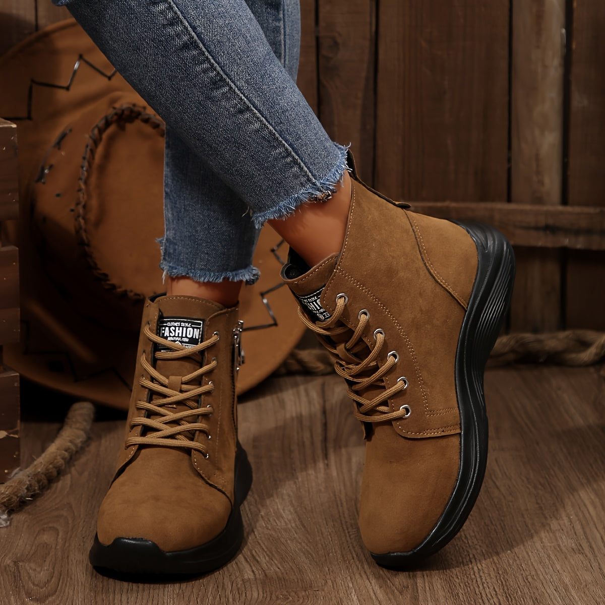 Women's Ankle Boots Solid Color Casual Lace-Up Round Toe Flat Heel