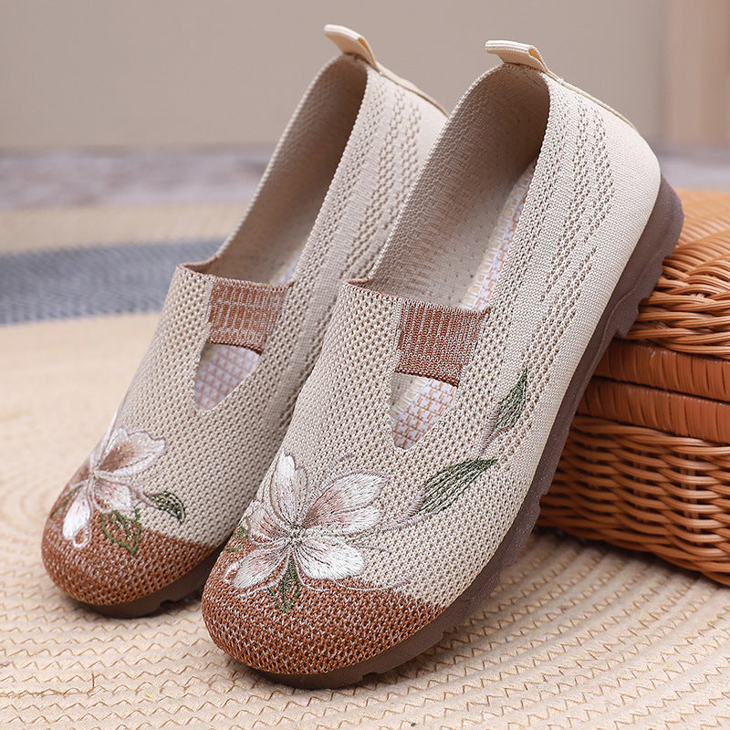 Women's Floral Slip-On Flats Breathable Knit Upper Casual Shoes Beige Gray Brown White