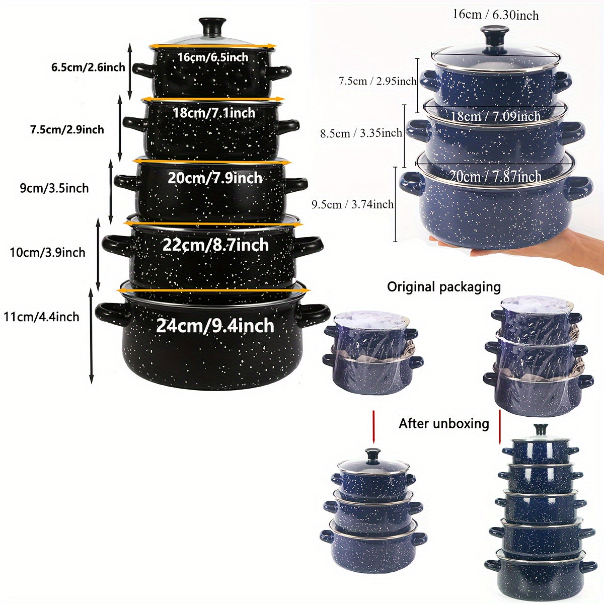 Yengil emalli qozonlar to'plami, 3 ta qism, yopishqoq bo'lmagan oshxona idishlari, sho'rva, qaynash, qovurish uchun
