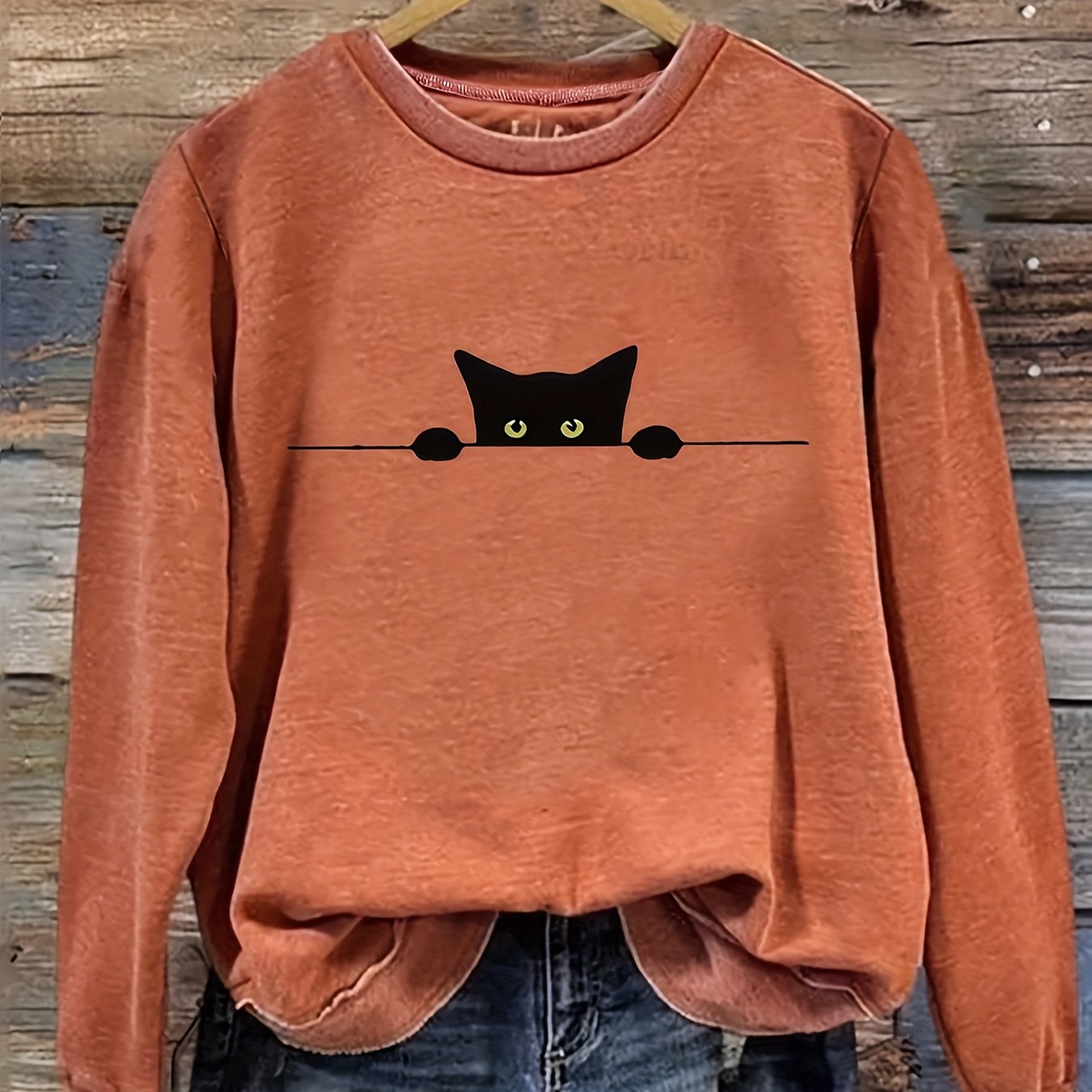 Plus Size Women's Cat Print Sweatshirt Long Sleeve Crew Neck Pullover