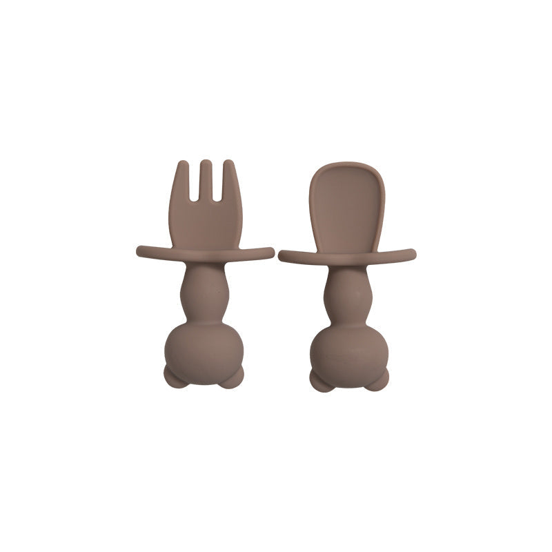 Juego de alimentación para bebé de 2 piezas, tenedor y cuchara de silicona Panda, suave, libre de BPA, vajilla para niños pequeños