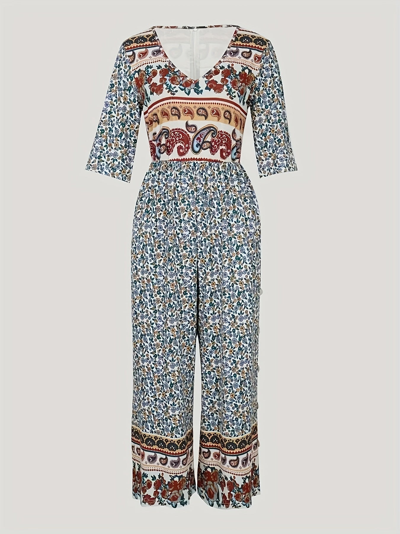 Women's Bohemian Knit V-Neck Jumpsuit with Pockets Wide Leg Romper