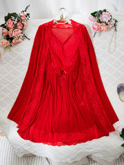 Women's Red Lace-Trimmed Semi-Sheer Lingerie Set with Robe and Slip Dress