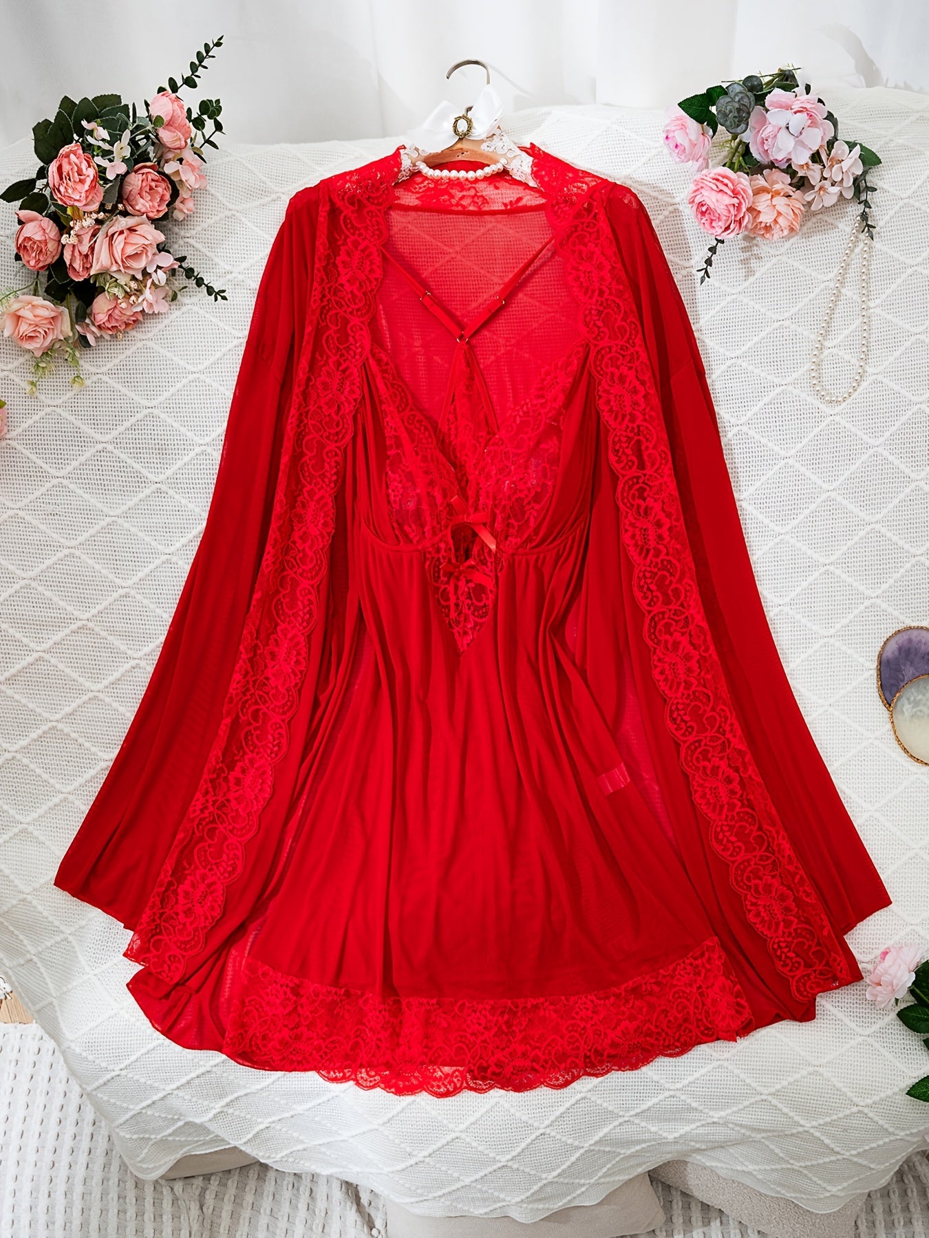 Women's Red Lace-Trimmed Semi-Sheer Lingerie Set with Robe and Slip Dress