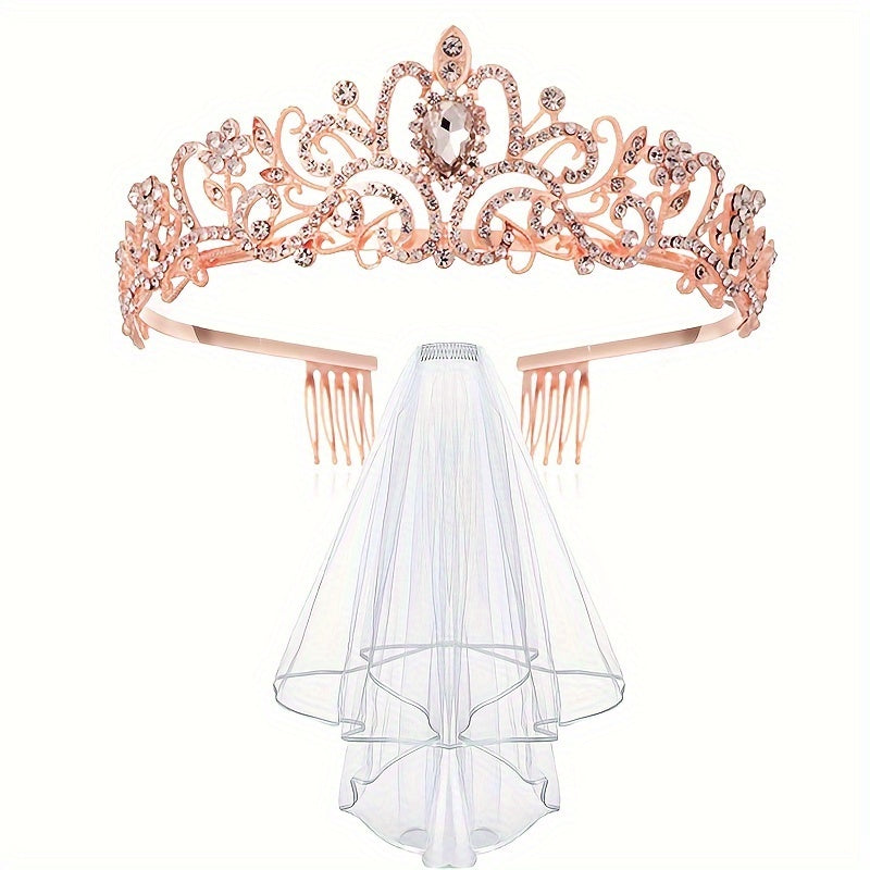 Set of Baroque Style Wedding Accessories with Rhinestone Crown, Shoulder Strap, Belt, Veil, and Jewelry