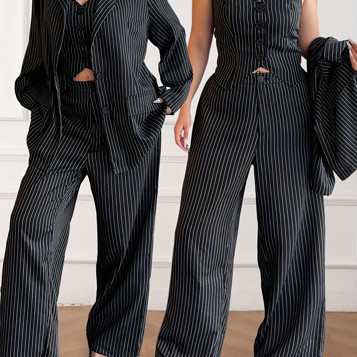 Women's Striped Woven Polyester Suit Set with Long Sleeve Jacket V-Neck Vest and Trousers