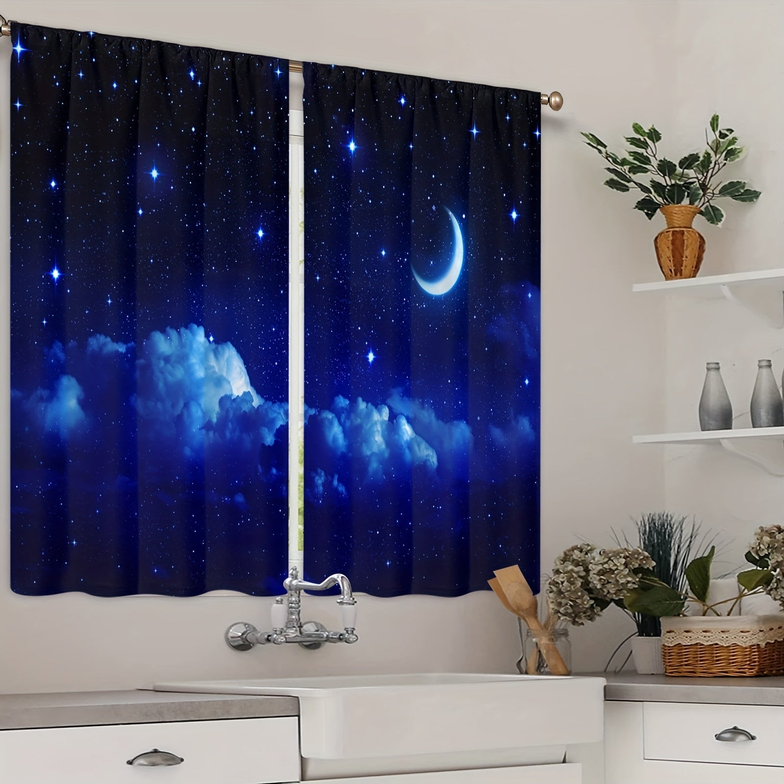 Starry Sky Galaxy Window Curtains with Star Pattern for Bedroom Living Room and Kitchen