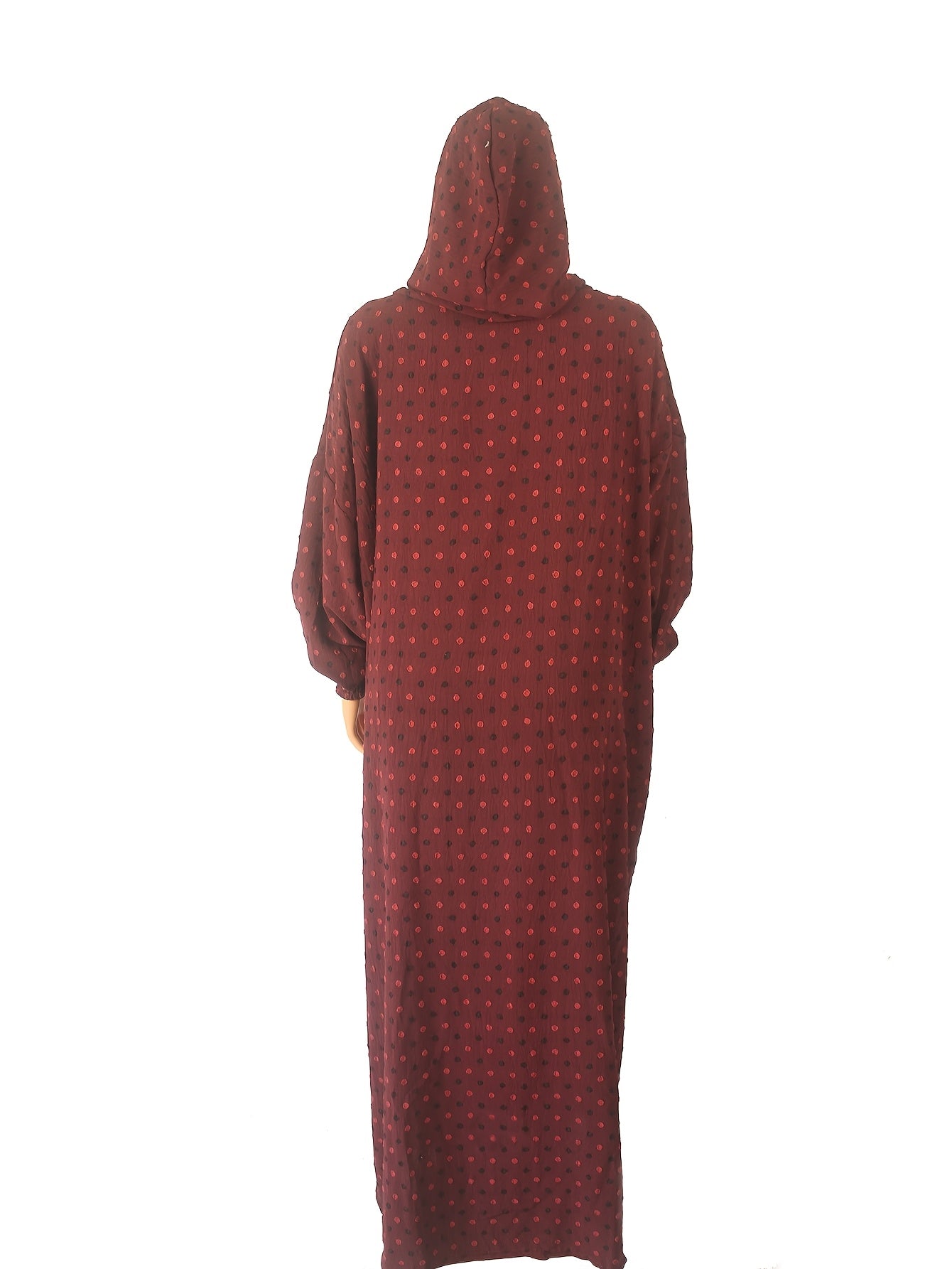 Women's Red Polka Dot Maxi Abaya Modest Dress with Hood and Lantern Sleeves