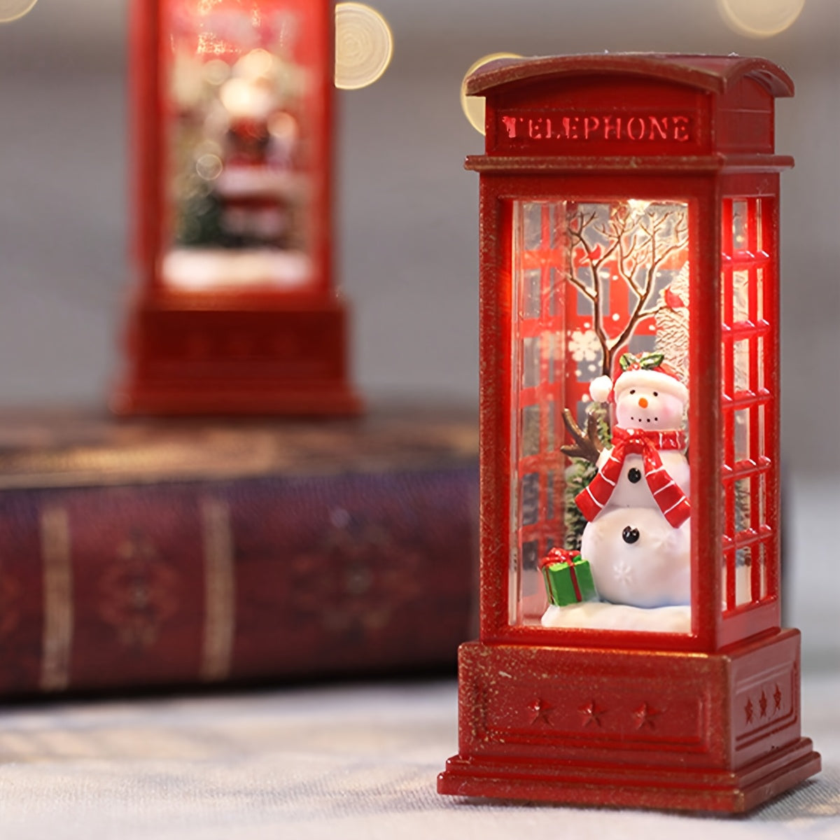 Festive Christmas Phone Booth Decoration with Santa Snowman Tree Scenes Battery-Operated Illuminated Red Cabinet