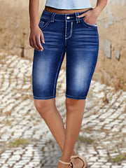 Women's Plus Size High-Waist Denim Bermuda Shorts Stretchy Casual Blue