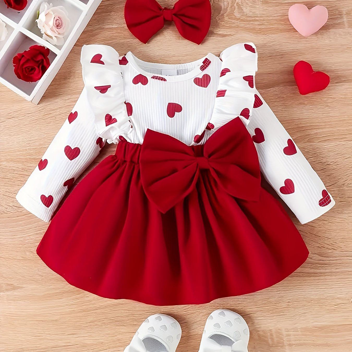 Baby Girl Valentine's Day Dress with Lace Big Bow Love Print and Headwear