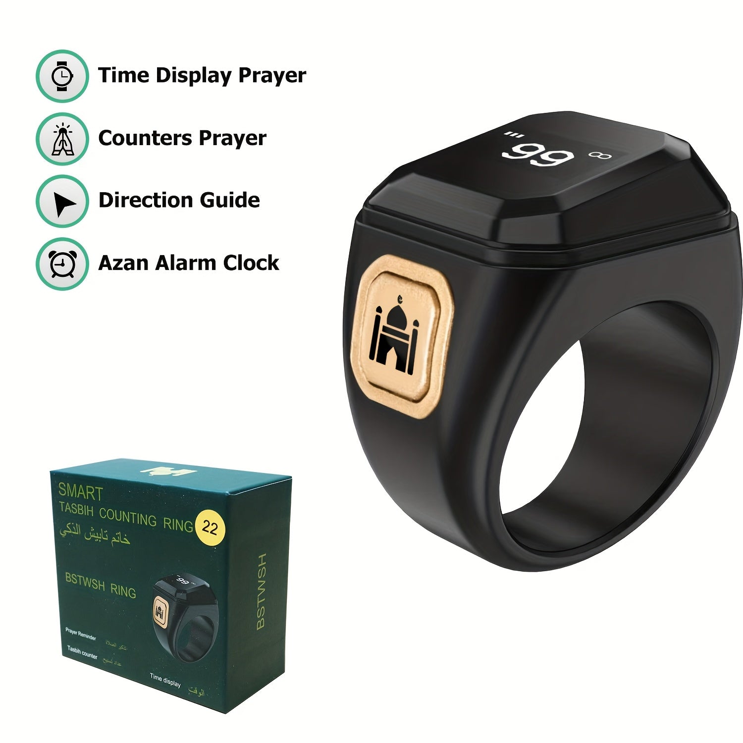 Smart Metal Prayer Ring with OLED Screen USB Rechargeable App Control Azan Reminder