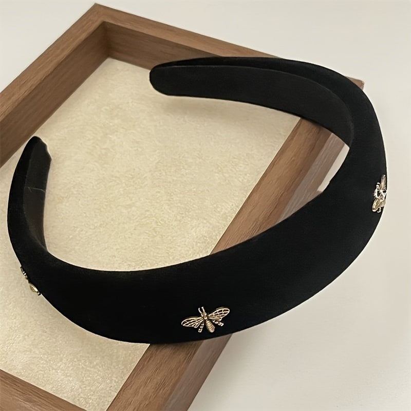Black Velvet Headband with Golden Bee Embellishments for Women Valentine’s Day