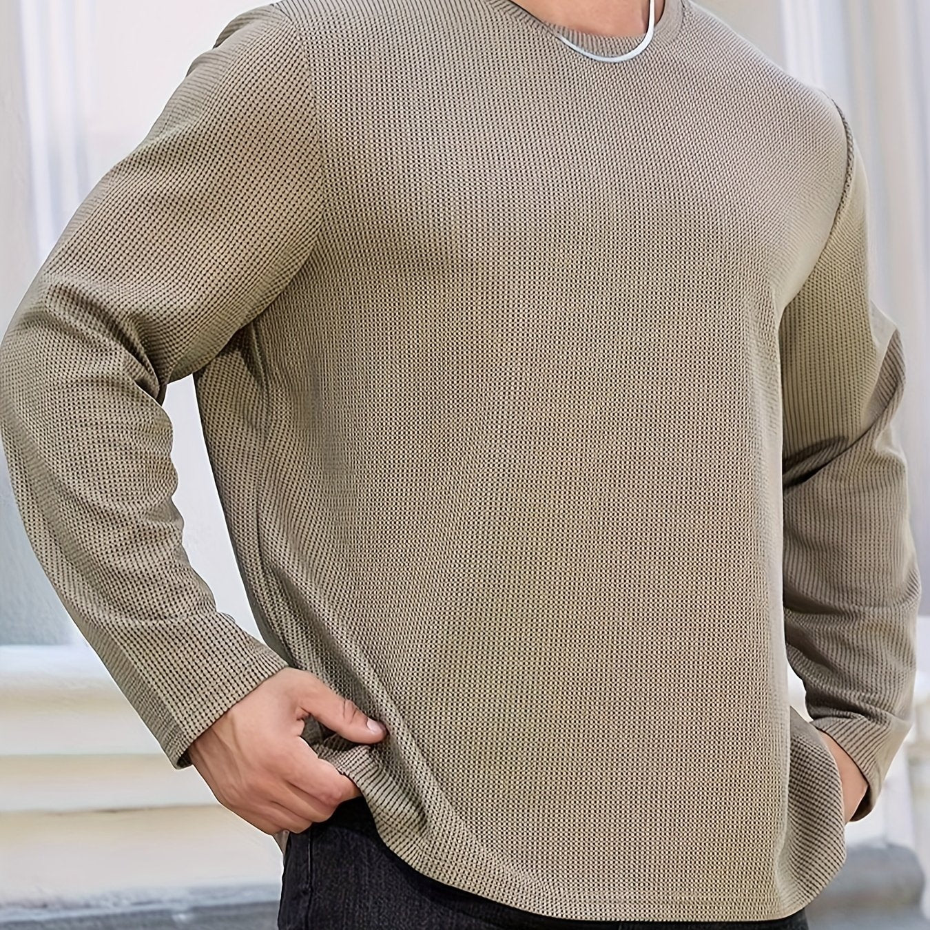 Men's Plus Size Thermal Knit Pullover Casual Stripes Loose Fit Crew Neck Winter