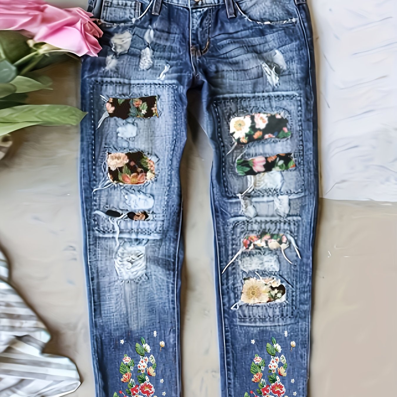 Plus Size Floral Patchwork High-Waisted Skinny Jeans High Rise Denim