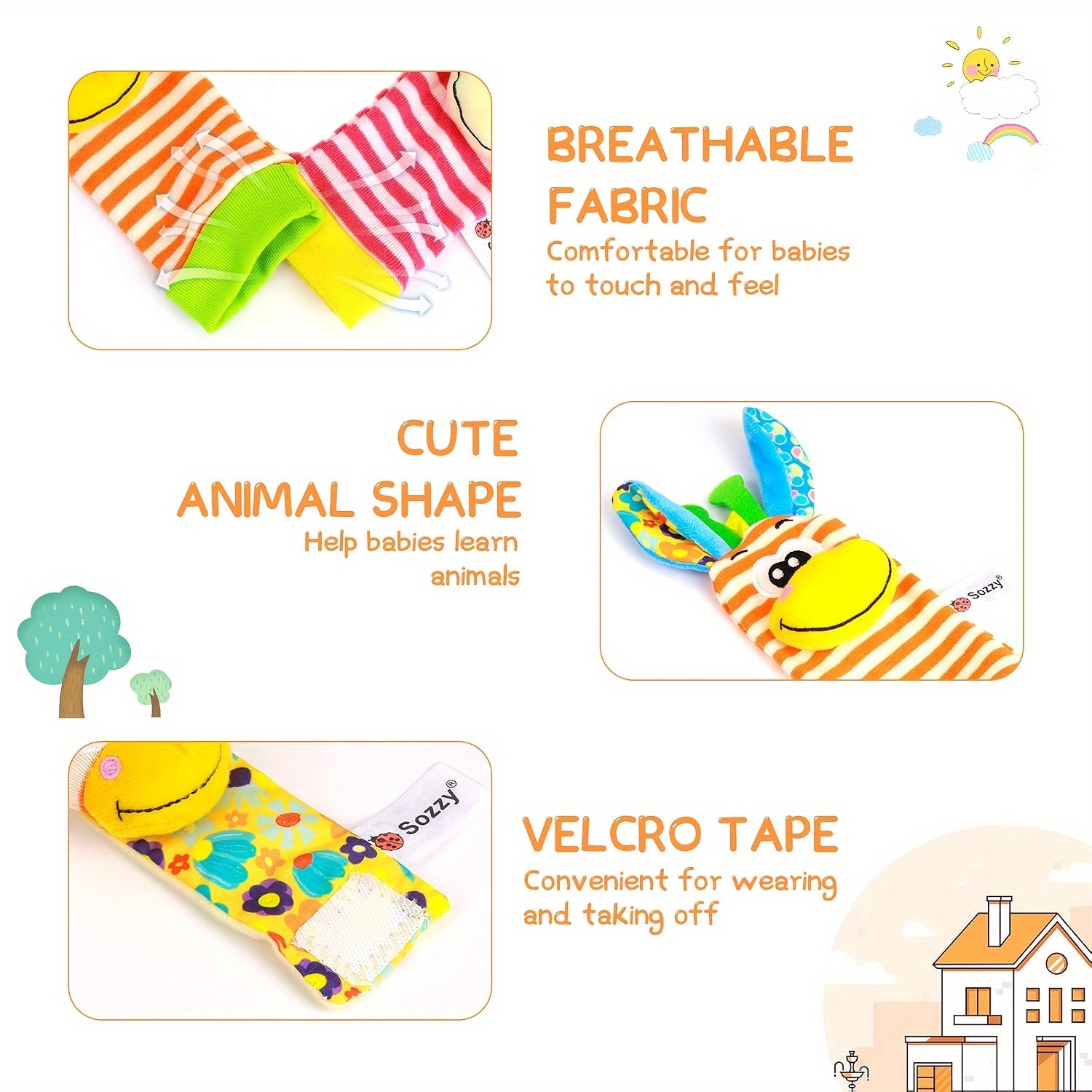 2/4 ta to'plam chaqaloq bilak rattl sokklari va oyoq topuvchi o'yinchoqlar, yangi tug'ilgan chaqaloqlar uchun mo'ljallangan, bolalar va kichik bolalar uchun yumshoq sezgir rattl sokklari, Halloween uchun mukammal