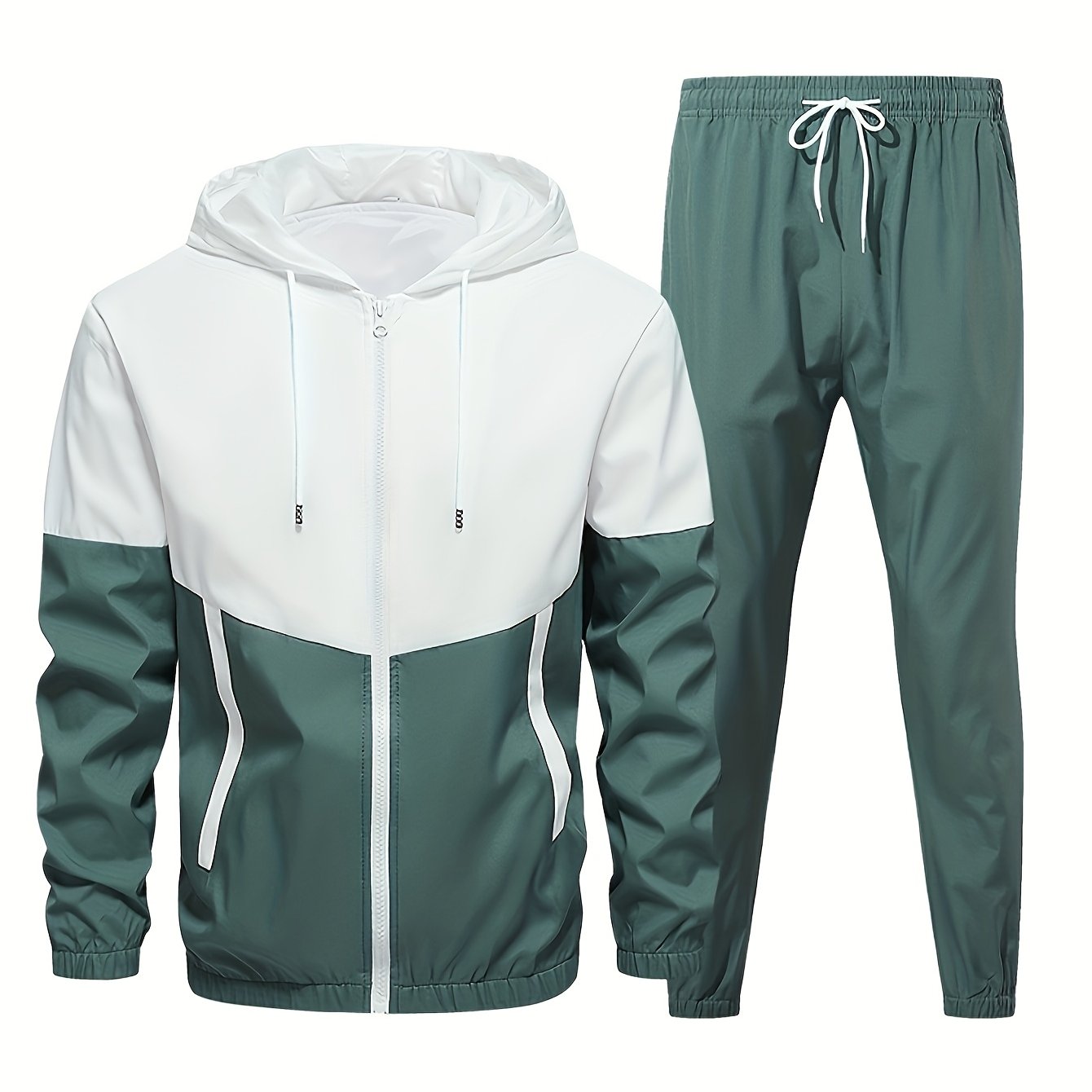 Men's Sports Suit Hooded Jacket and Pants Color Block Polyester Regular Fit