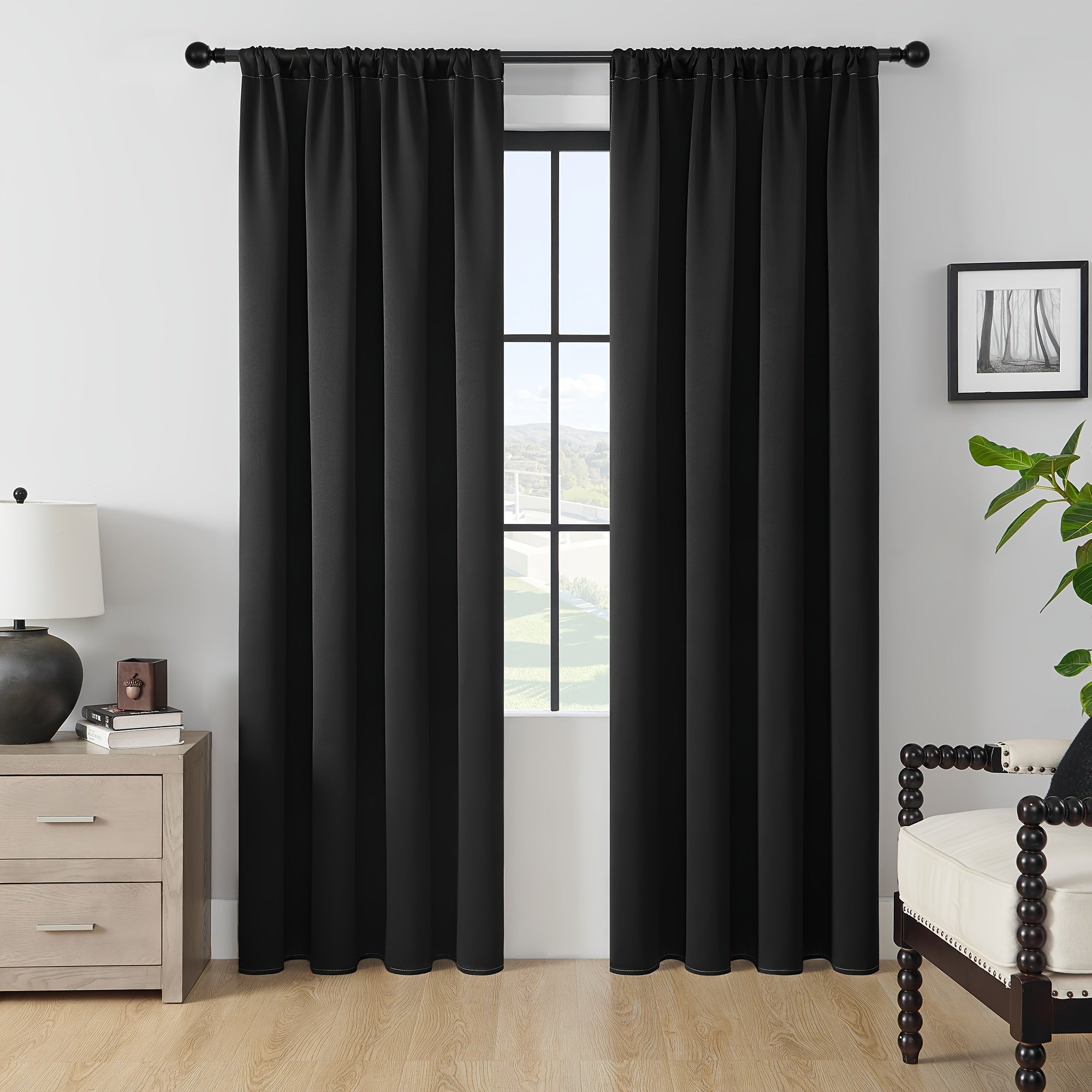 Blackout Curtains 2 Panels Polyester Blend Indoor Outdoor Heat Insulation Modern Black