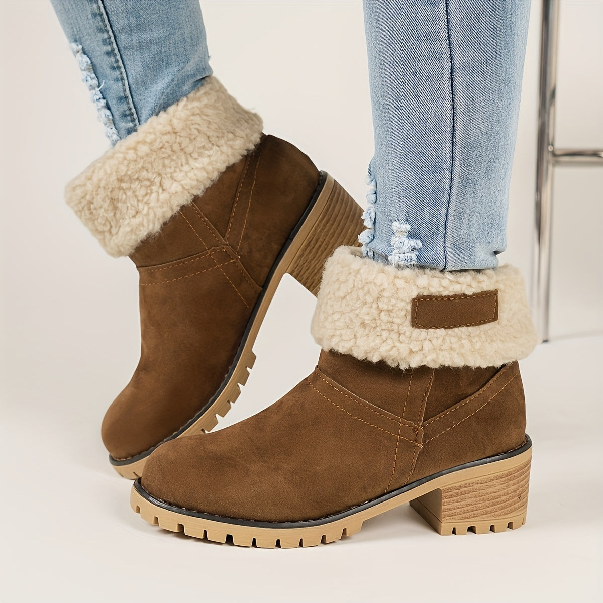 Women's Fleece-Lined Ankle Boots Winter Mid-Calf Thick Rubber Sole