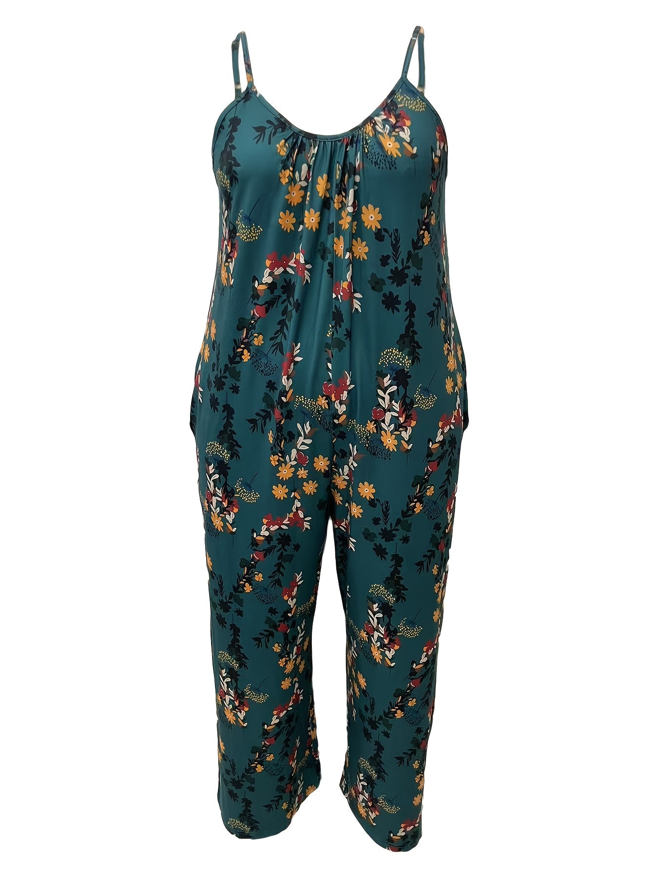 Plus-Size Casual Jumpsuit with 3D Floral Print Pockets Vacation Style