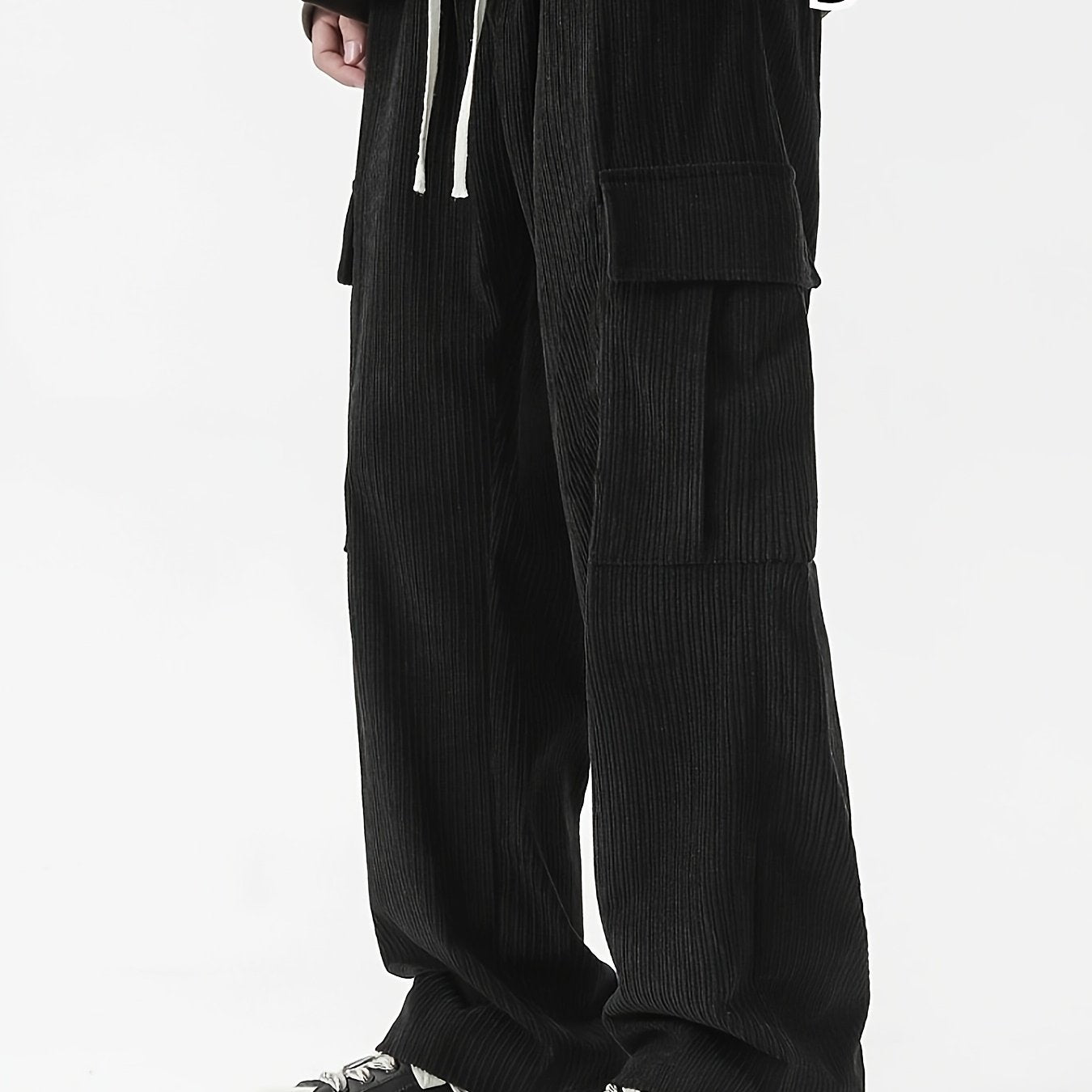 Pantalones cargo de pana gris claro para hombre con múltiples bolsillos y cintura con cordón para otoño e invierno, grandes y altos