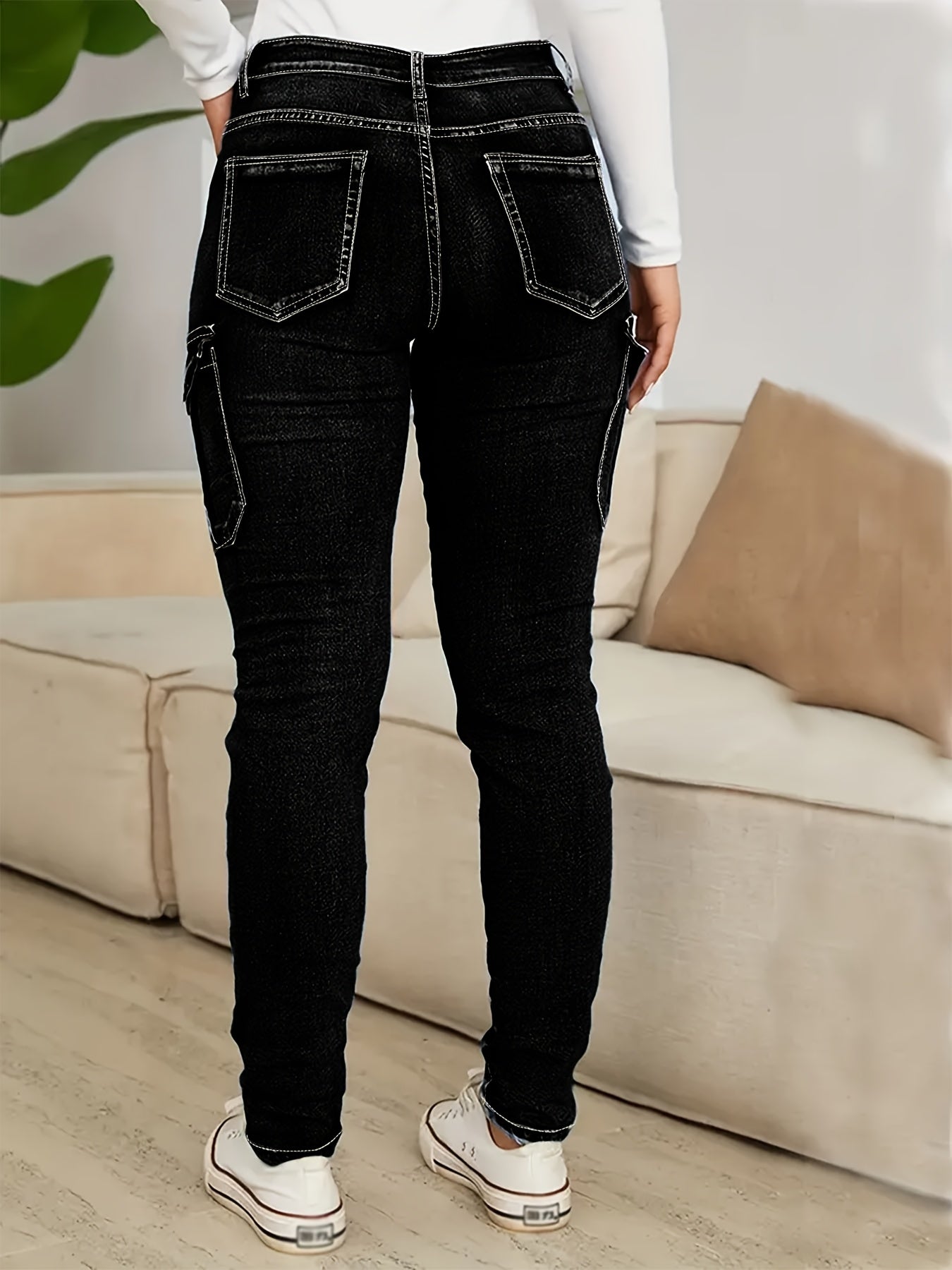 Women Plus Size Black Cargo Jeans with Pockets High Waist Stretchy Denim