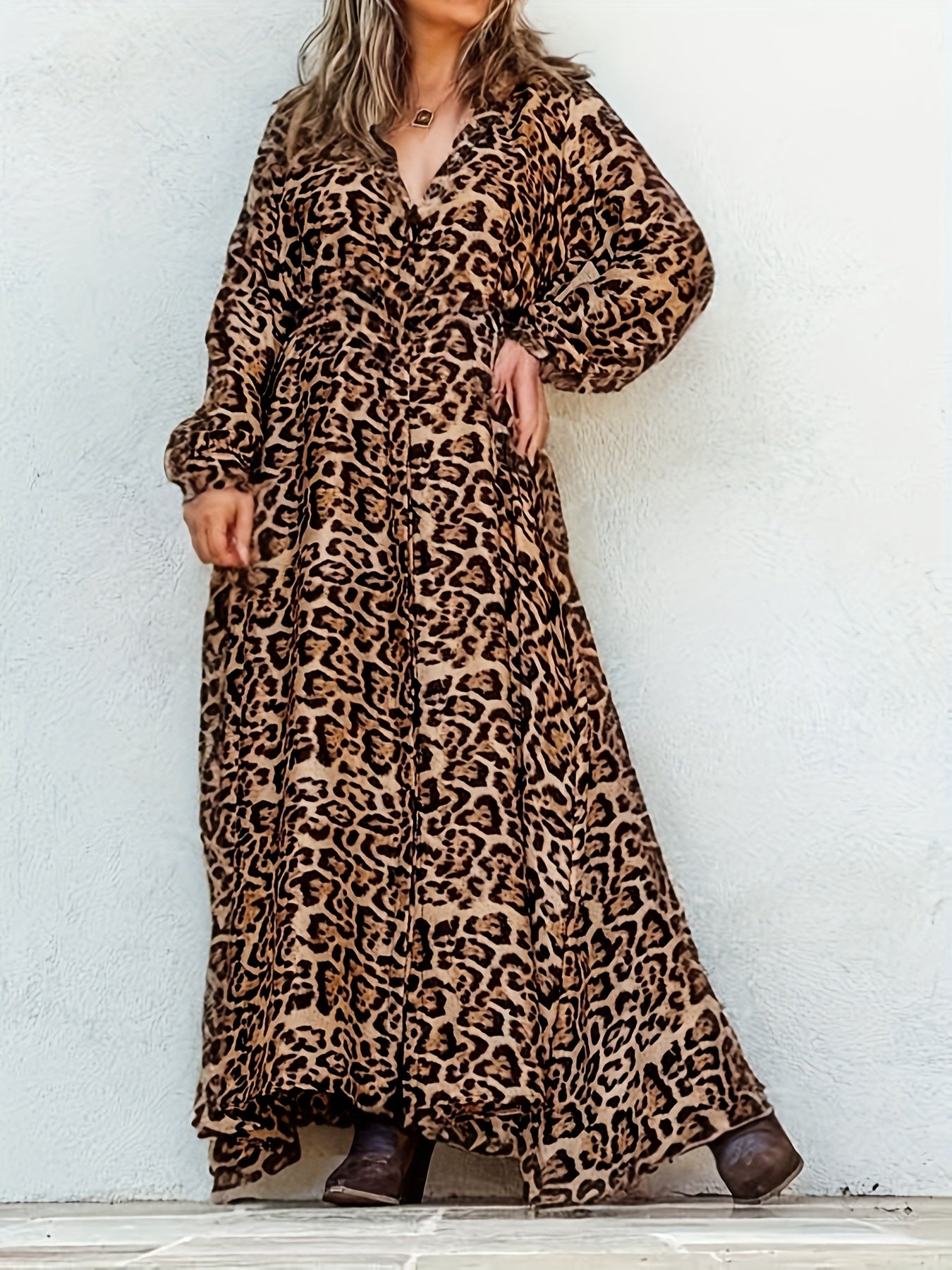 Plus Size Leopard Print V-Neck Dress with Belt Lightweight Polyester for Spring Summer Fall