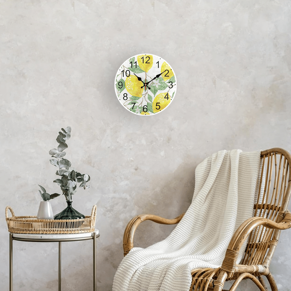 Fruit Theme Wall Clock with Golden Lemon Pattern Silent Non-Ticking Battery Operated for Living Room Kitchen Decor