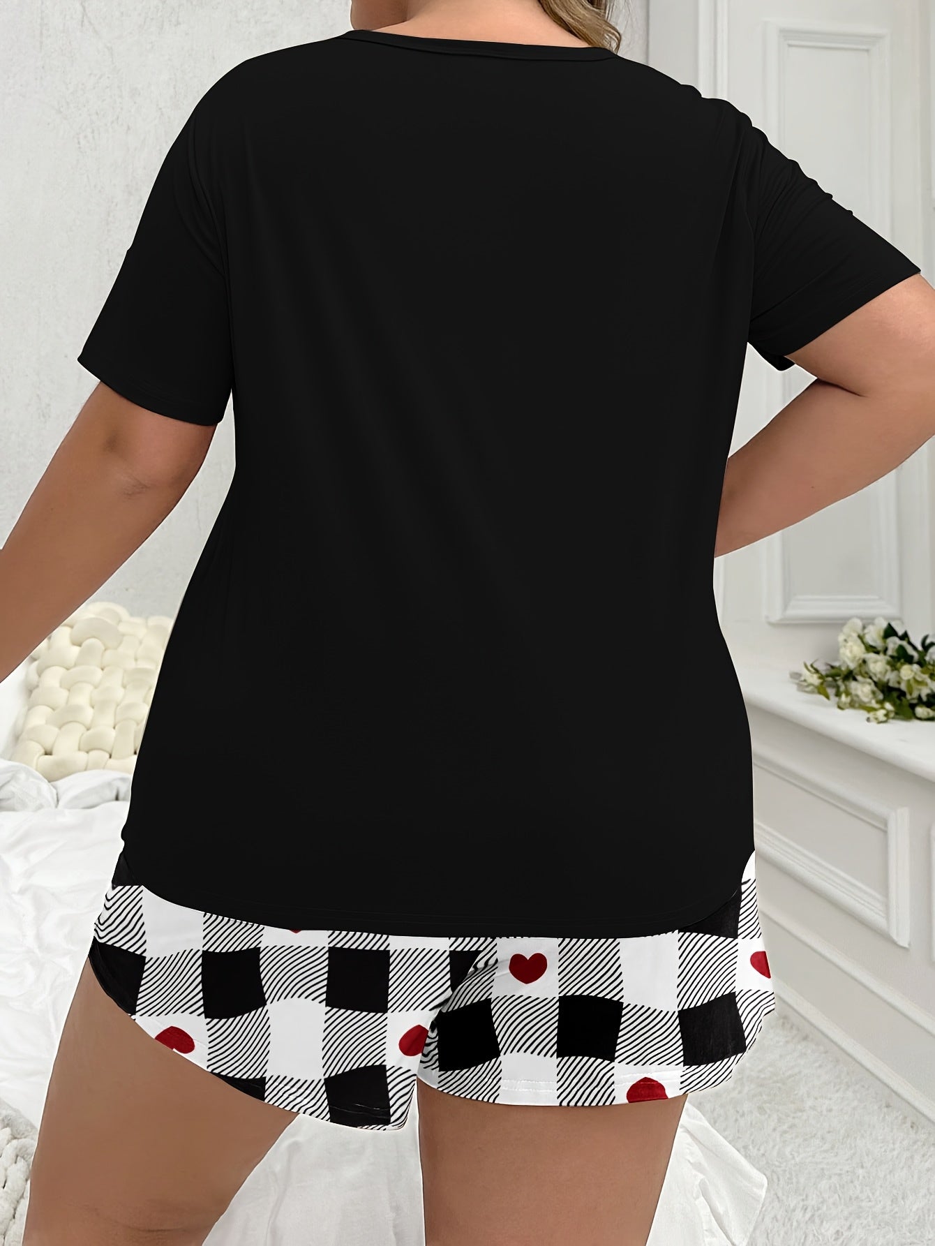 Plus Size Women's Pajama Set Short Sleeve Checkered Cartoon Print Sleepwear
