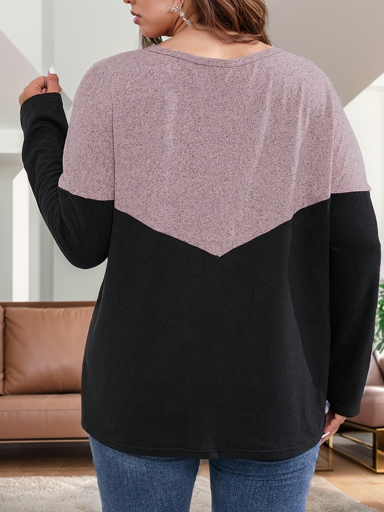Women's Plus Size Color Block Long Sleeve T-Shirt for Spring Fall