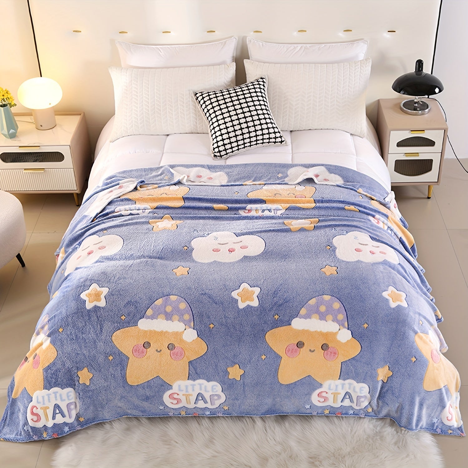 Cartoon Print Flannel Blanket for Kids and Adults Cozy Soft Warm Bed Couch Use