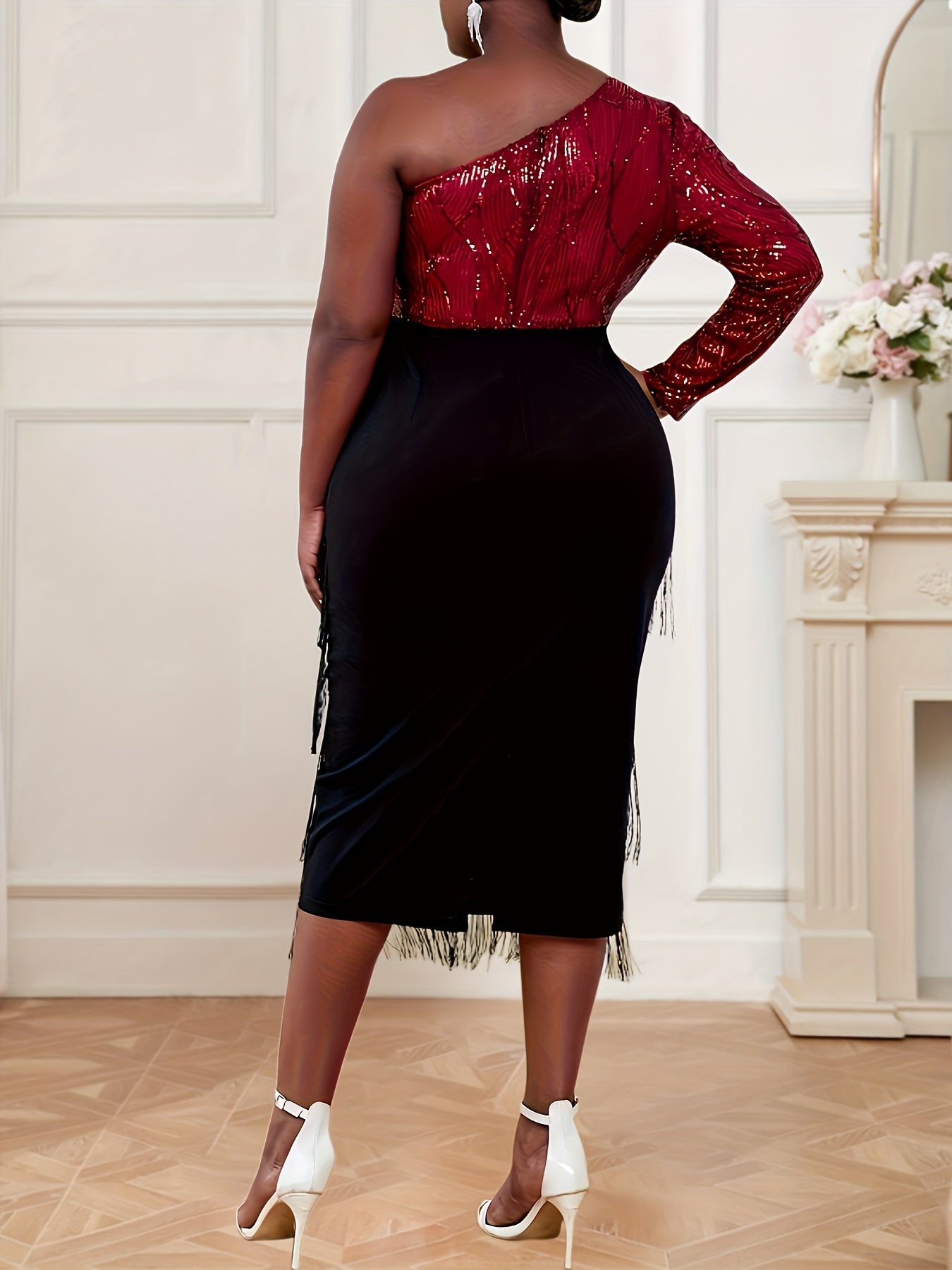 Plus Size Sequined Tassel Dress One Shoulder Party Banquet Long Sleeve