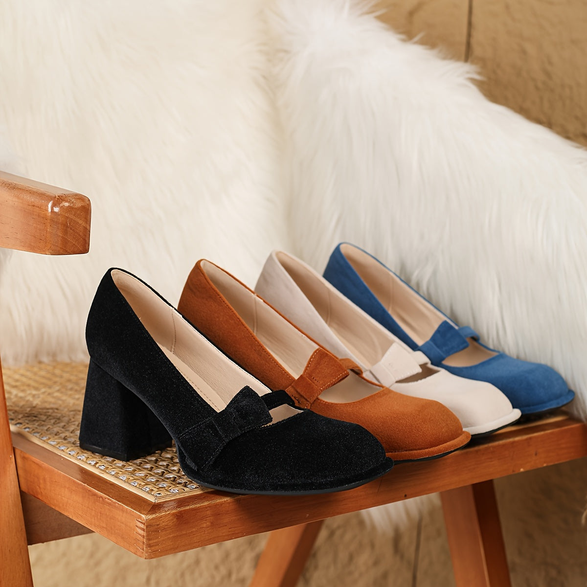 Women’s Chunky Heel Mary Jane Pumps Breathable Fabric Square Toe High Heels