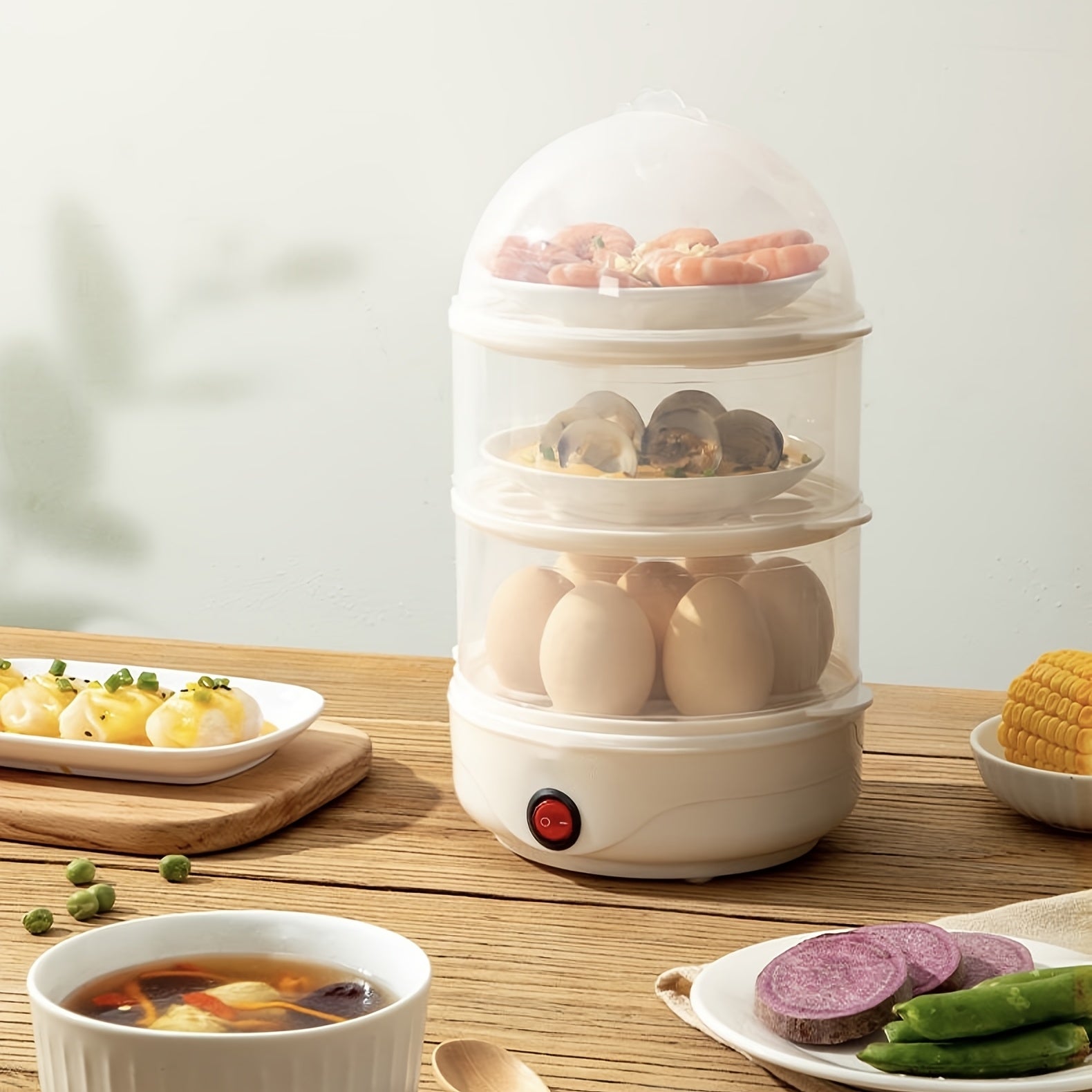 2-Tier Stackable Egg Steamer Cooks Hard and Poached Eggs BPA Free Durable White