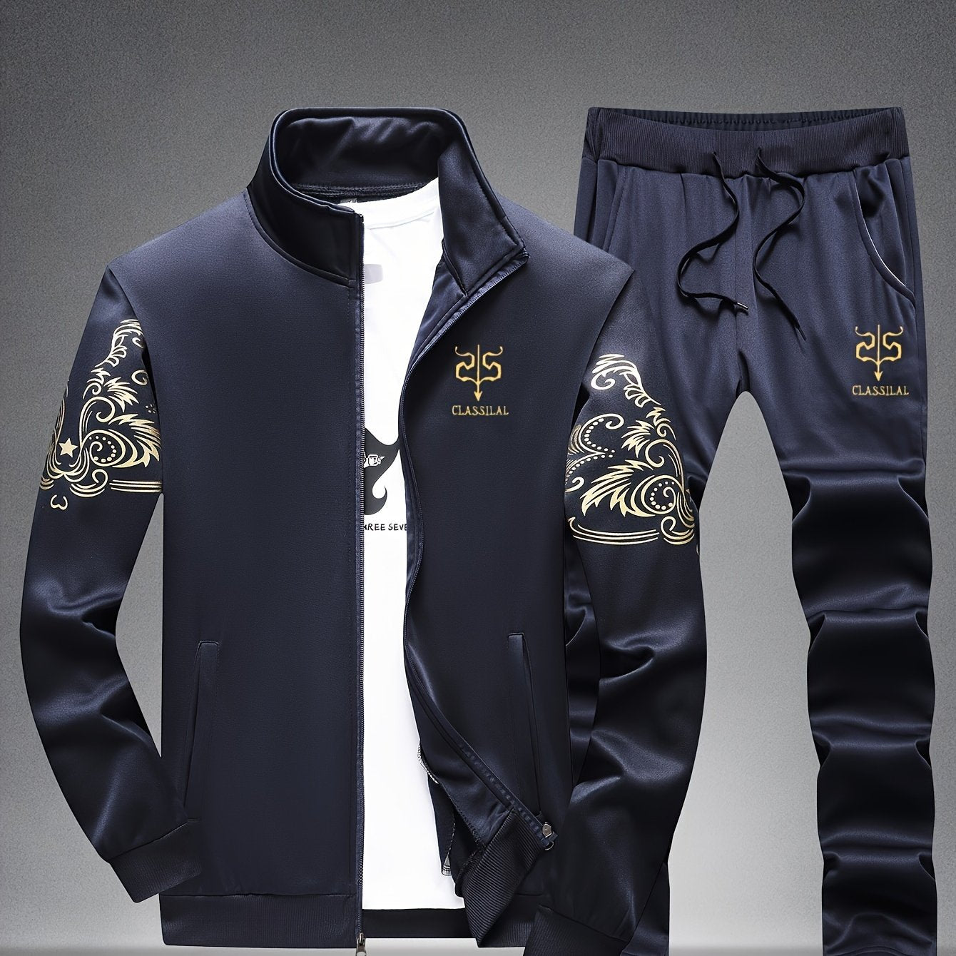 Men's Floral Print Knitted Fabric Two-Piece Sports Set with Long Sleeves and Stand Collar