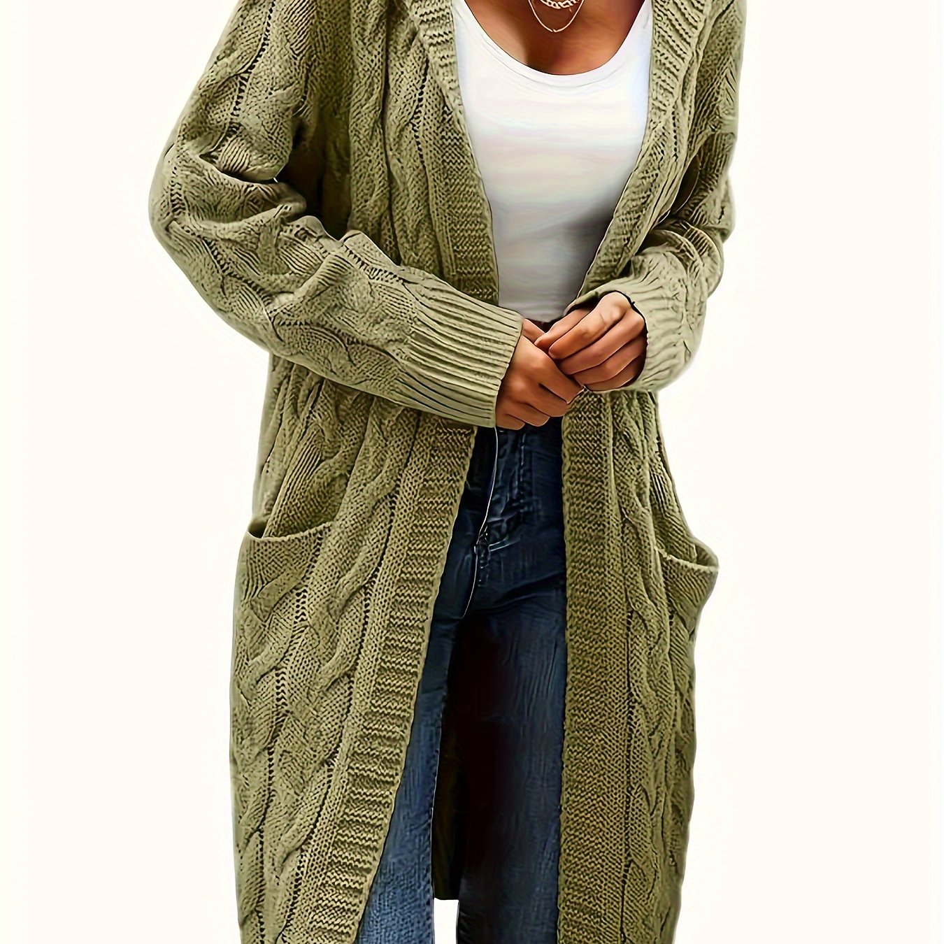 Women's Cable Knit Hooded Cardigan with Pockets Acrylic Fall Winter Layering