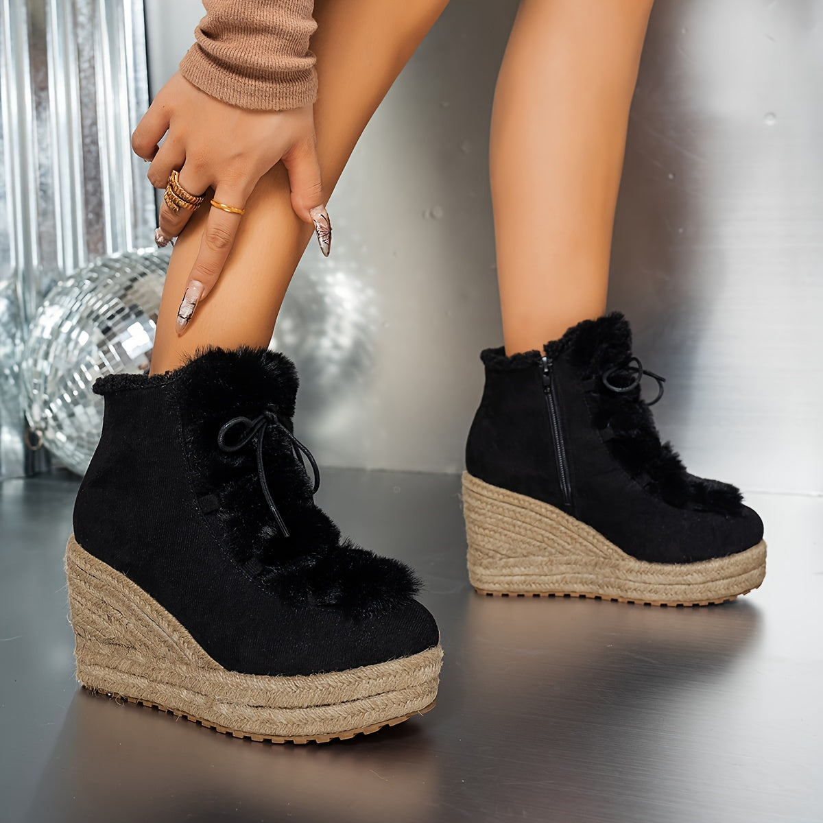 Women's Winter Casual Wedge Boots with Faux Fur Collar and Jute Rope
