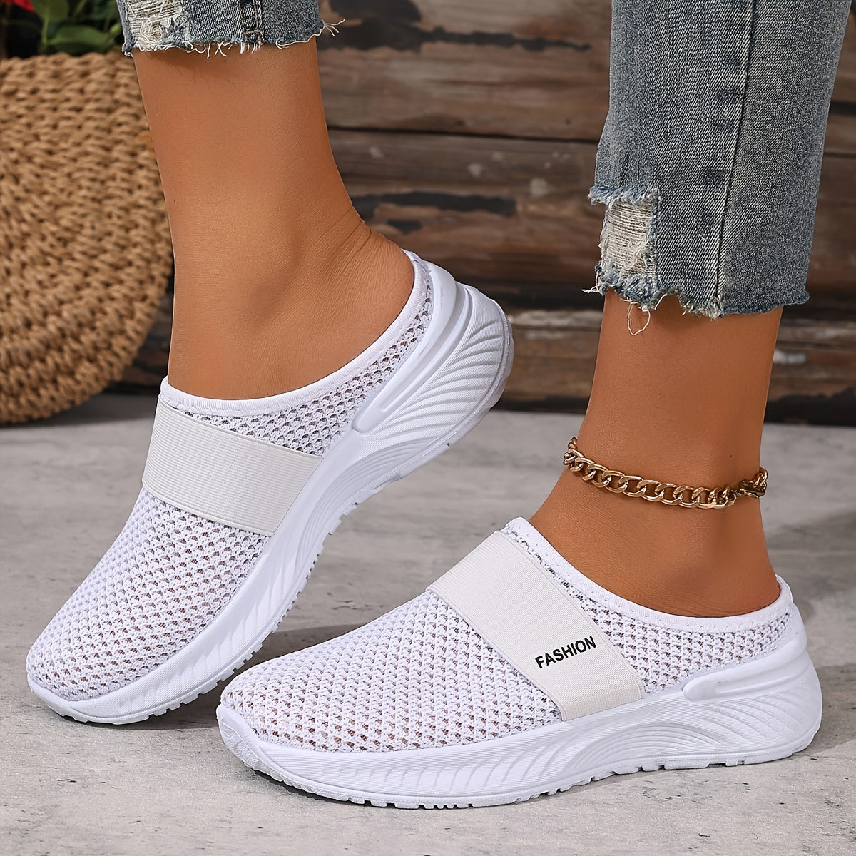 Women's White Slip-On Sneakers Breathable Mesh Casual Shoes for Summer