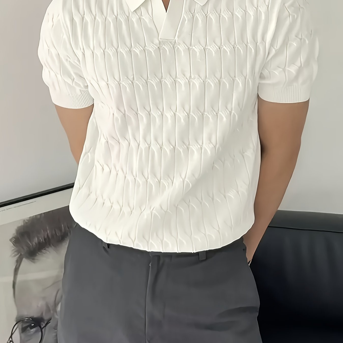 Мужской вязаный гольф-свитер с коротким рукавом, геометрический принт, весна, осень, повседневный