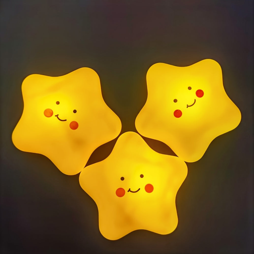 Star-Shaped LED Night Light with Smile Expression Soft Yellow Glow Plastic Battery Operated