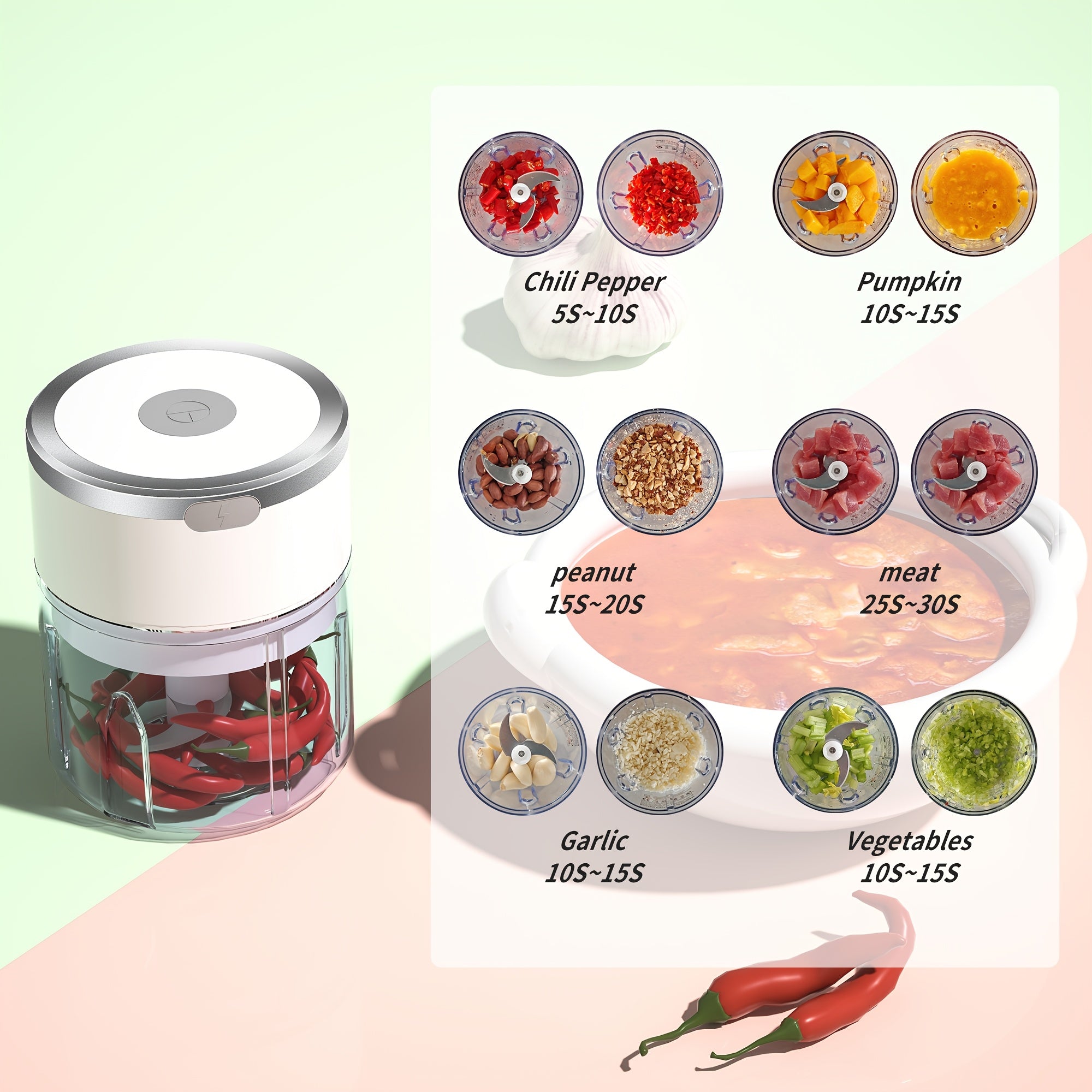 8.45oz sigʻimiga ega USB qayta zaryadlanadigan mini oziq-ovqat maydalagich. Sabzavotlar, mevalar, sarimsoq, piyoz, chili, selderey va zanjabilni maydalash uchun ideal. Goʻsht maydalash funksiyasini oʻz ichiga oladi. Portativ oshxona