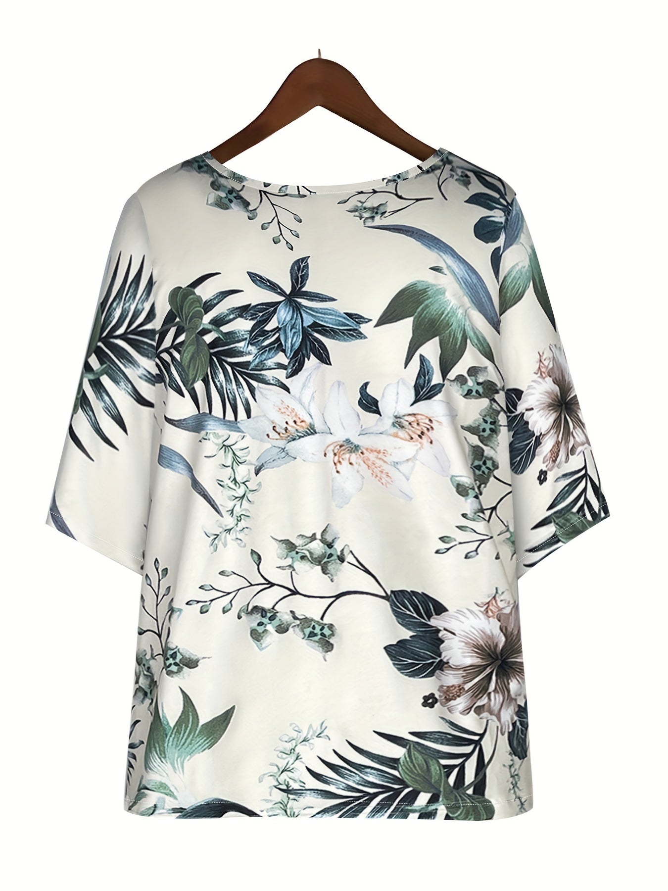 Women's Floral Print Two-Piece Set with Wide-Leg Pants and Crew Neck Top