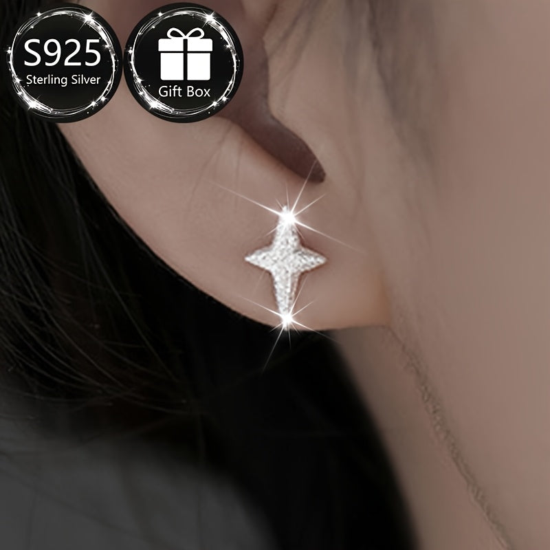 Sterling Silver Star and Crescent Moon Earrings for Women with Frosted Texture